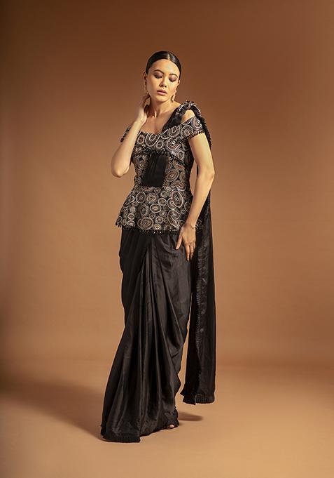 Black Cutdana Bead Embroidered Pure Satin Crepe Saree