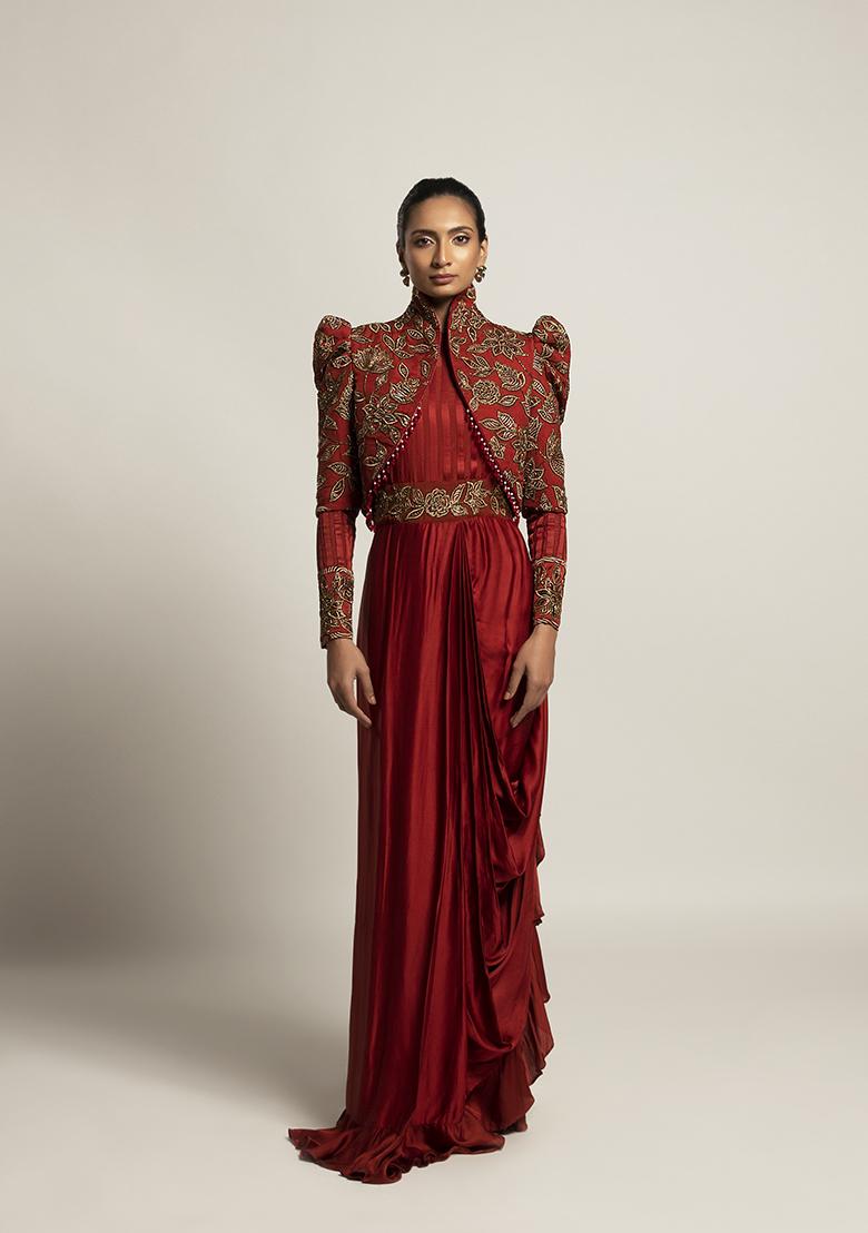 Maroon Cut Pipe Work Ajrakh Saree Set