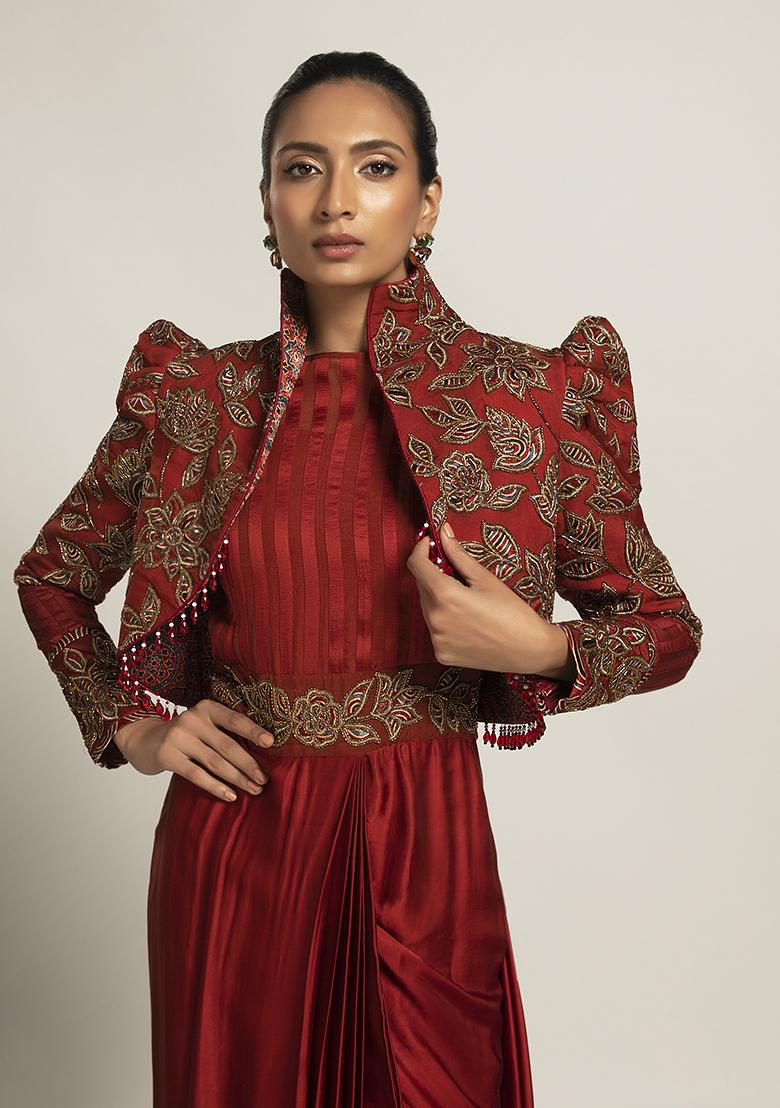 Maroon Cut Pipe Work Ajrakh Saree Set