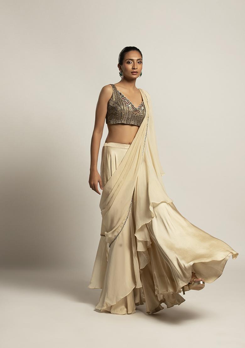 Ivory Cut Pipe Work Organza Saree Set