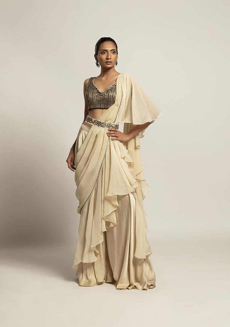 Ivory Cut Pipe Work Organza Saree Set