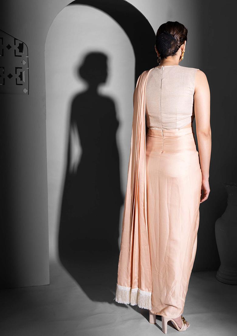 Peach Cut Pipe Work Jute Crepe Saree