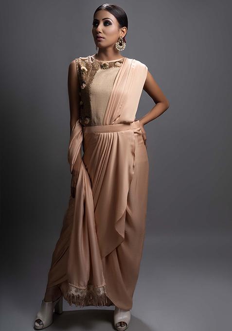 Peach Cut Pipe Work Jute Crepe Saree