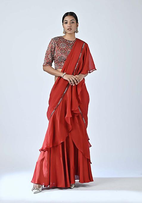 Red Cutdana Embroidered Satin Crepe Saree