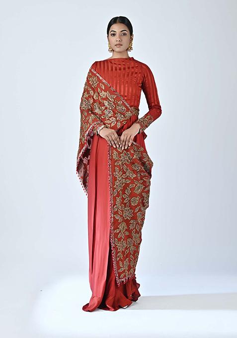 Red Cutdana Embroidered Crepe Saree