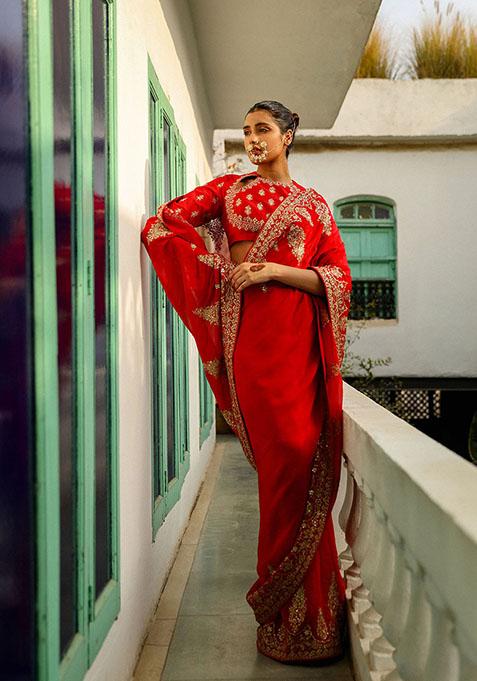 Scarlet Red Zari Embroidered Organza Saree set