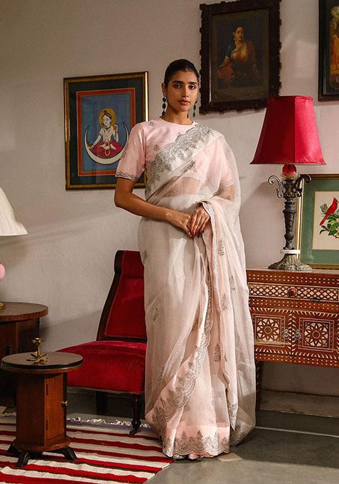 Blush Pink Zari Sequin Embroidered Organza Saree set