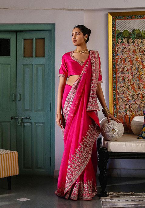 Bright Pink Zari Sequin Embroidered Organza Saree Set