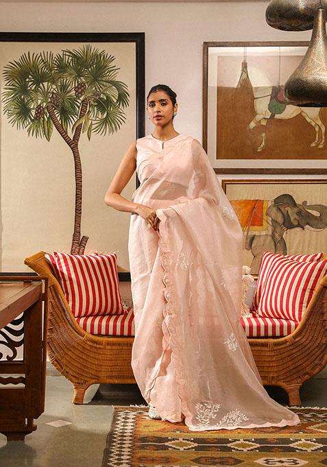 Baby Pink Pearl Embroidered Silk Organza Saree Set