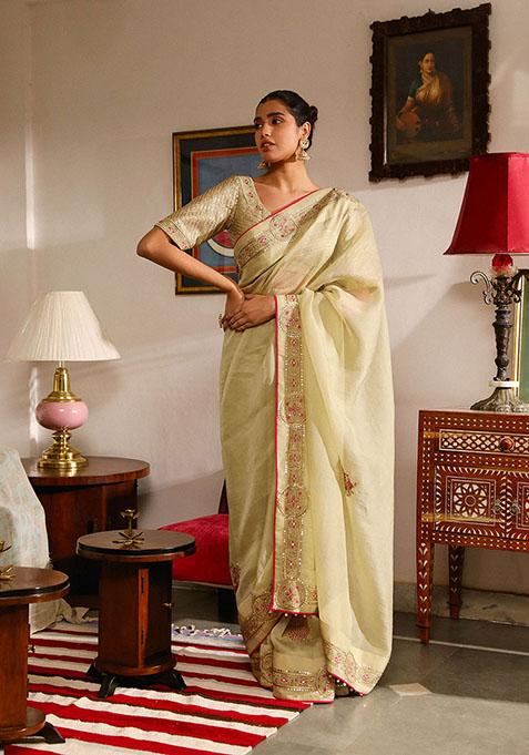 Light Green Zari Sequin Embroidered Organza Saree Set