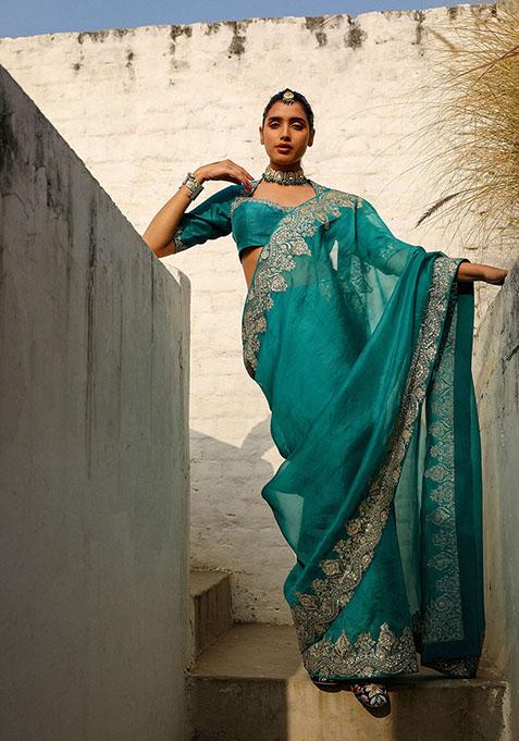 Teal Green Zari Sequin Embroidered Organza Saree Set