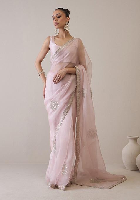 Light Mauve Sequin Embroidered Silk Organza Saree Set