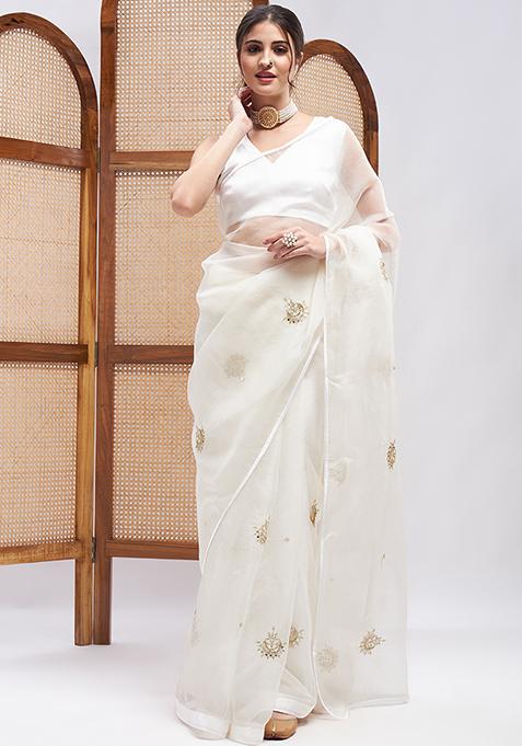 Off White Resham Embroidered Pure Silk Organza Saree Set