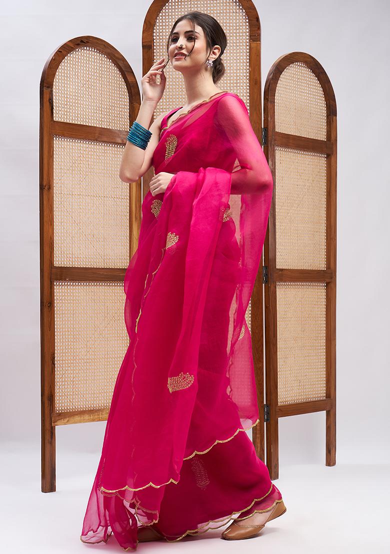 Fuchsia Resham Embroidered Pure Silk Organza Saree Set
