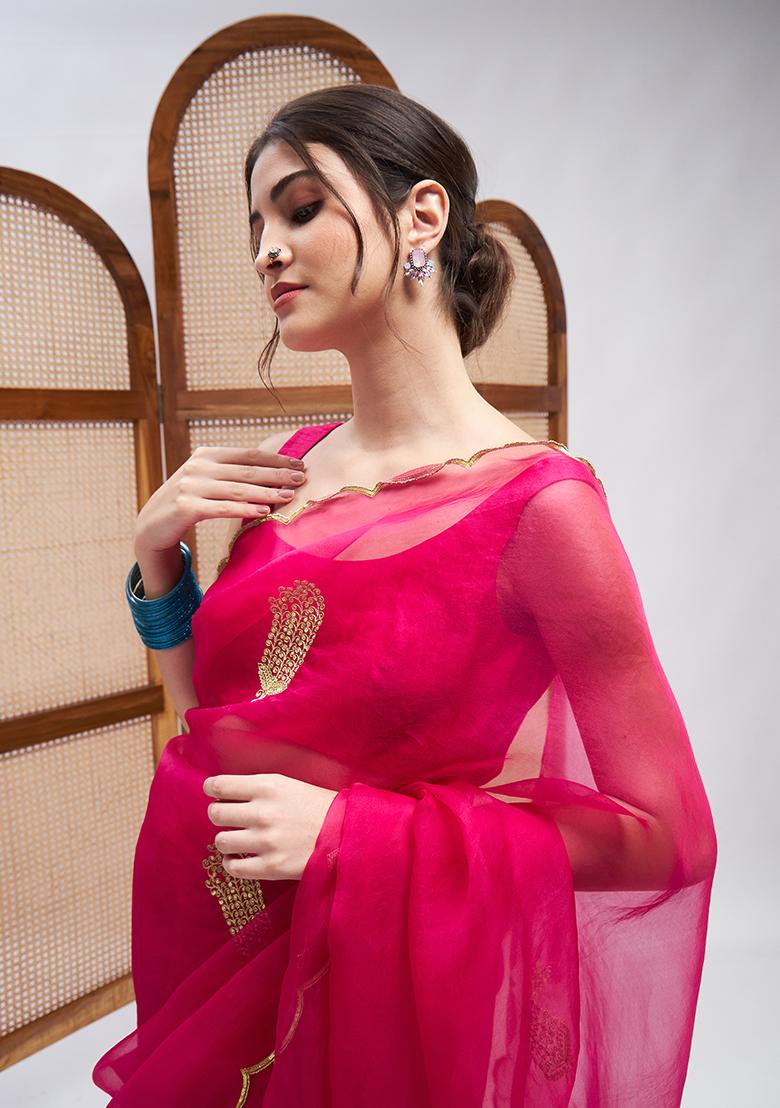 Fuchsia Resham Embroidered Pure Silk Organza Saree Set