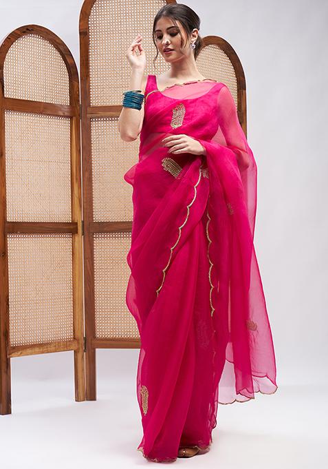 Fuchsia Resham Embroidered Pure Silk Organza Saree Set