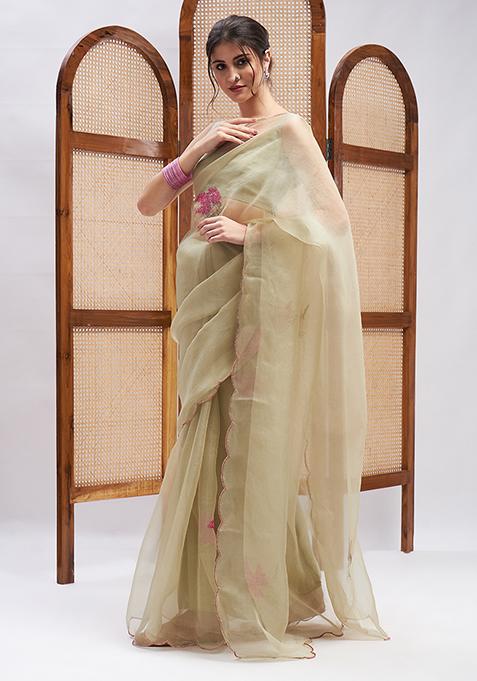 Beige Resham Embroidered Pure Silk Organza Kurta Set