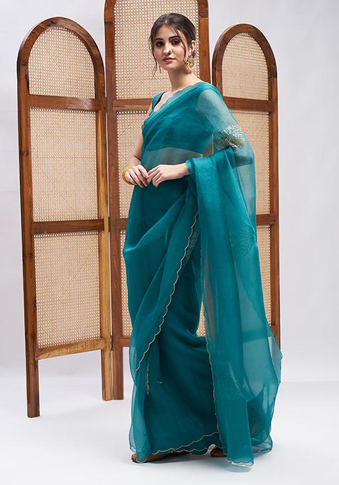 Turquoise Resham Embroidered Pure Silk Organza Kurta Set