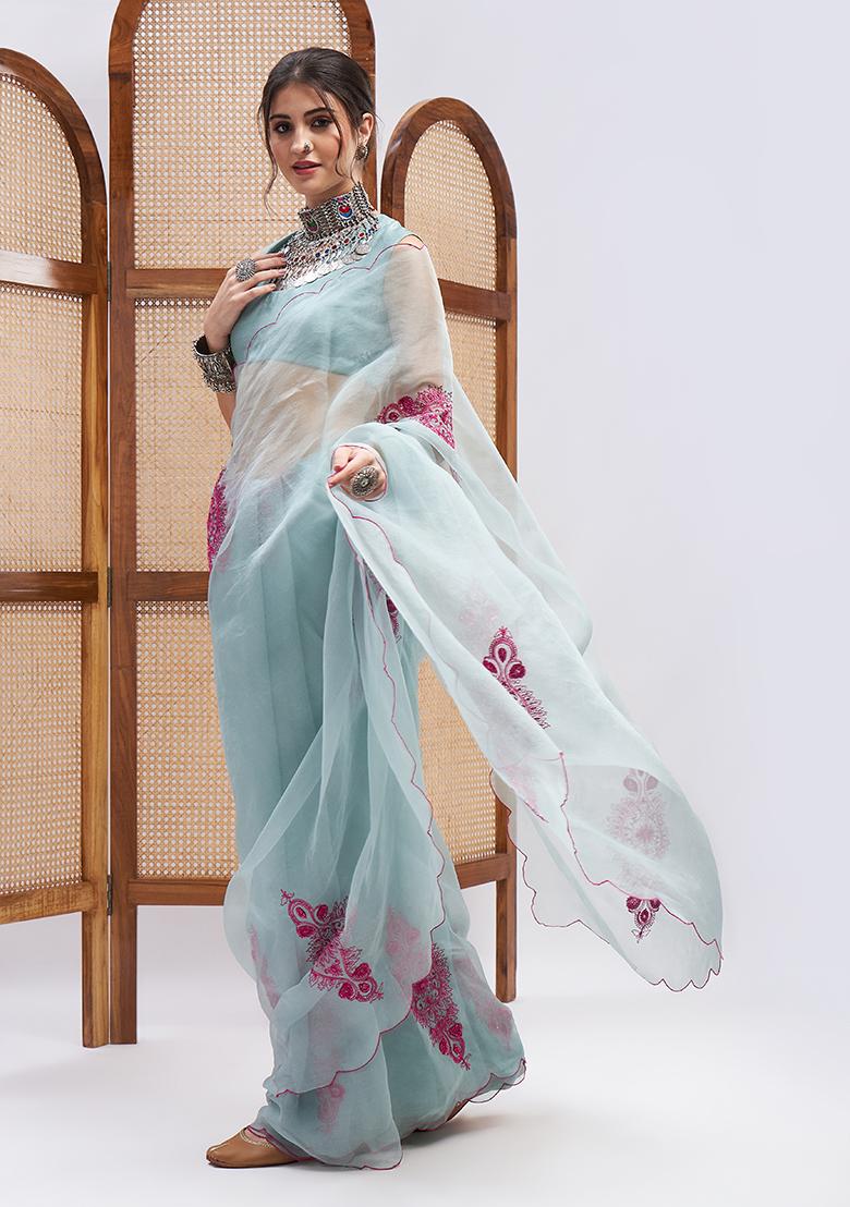 Sky Blue Resham Embroidered Pure Silk Organza Kurta Set