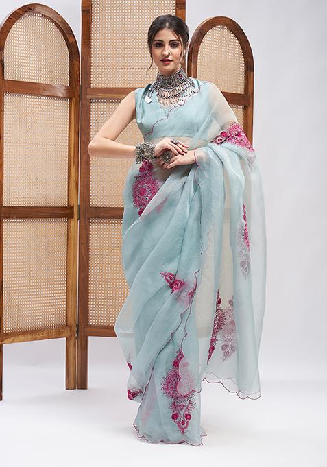 Sky Blue Resham Embroidered Pure Silk Organza Kurta Set