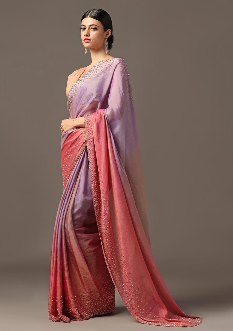 Pink And Purple Sequin Embroidered Georgette Tissue Saree Set