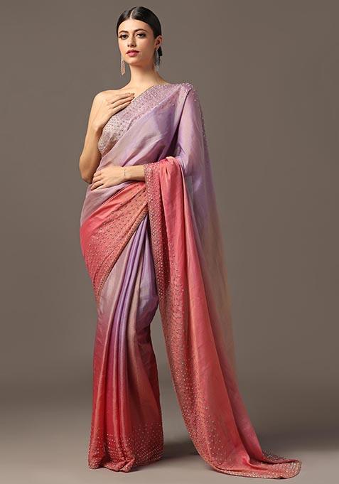 Pink And Purple Sequin Embroidered Georgette Tissue Saree Set