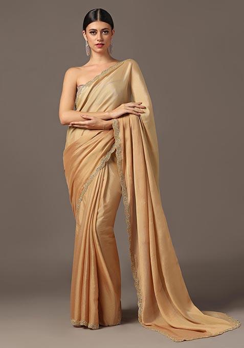 Golden Cutdana Embroidered Chiffon Saree Set