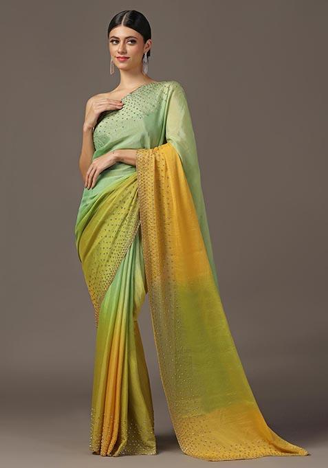 Green And Yellow Cutdana Embroidered Georgette Tissue Saree Set