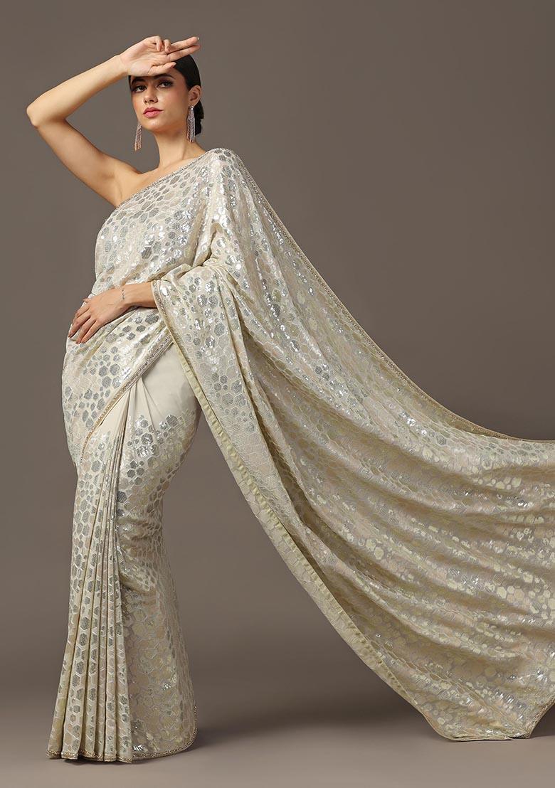 Beige Cutdana Sequin Embroidered Georgette Saree Set