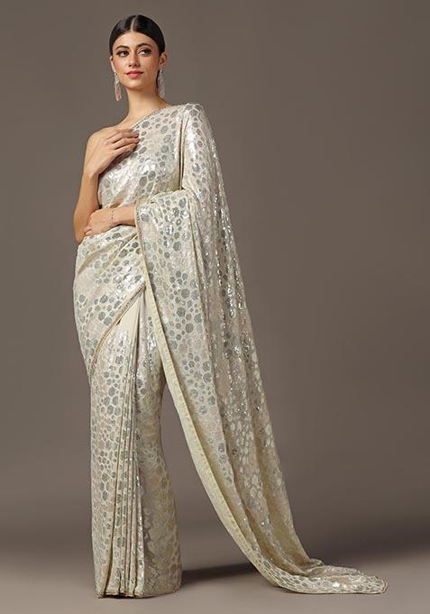 Beige Cutdana Sequin Embroidered Georgette Saree Set