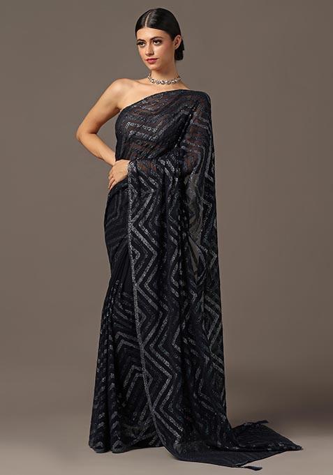 Black Sequin Embroidered Georgette Saree Set