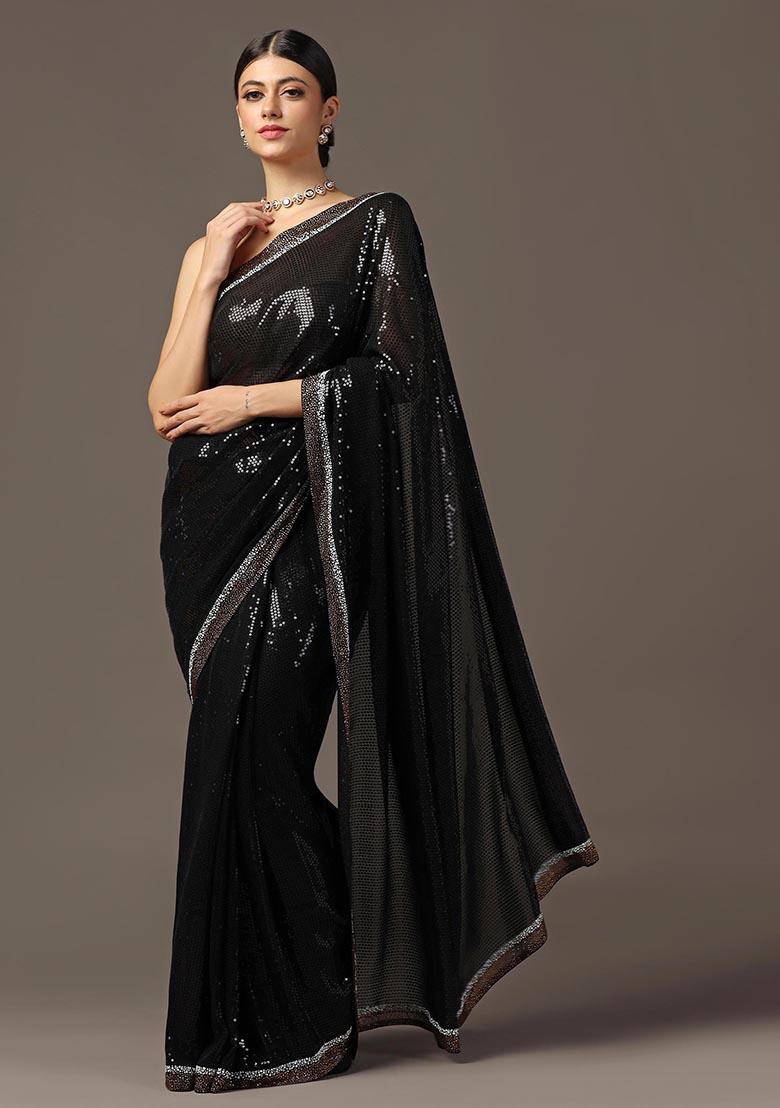 Black Swarovski Sequin Embroidered Georgette Saree Set - Indya