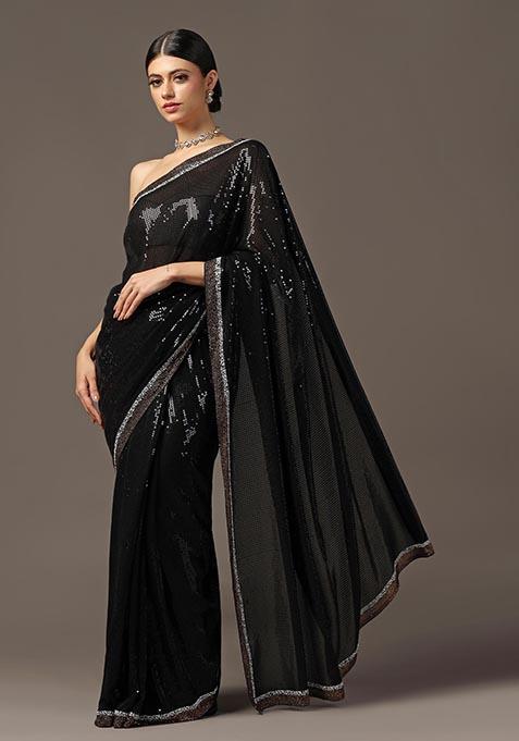 Black Swarovski Sequin Embroidered Georgette Saree Set