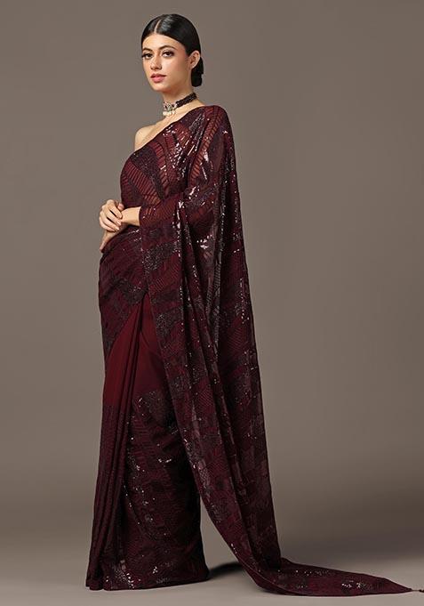 Maroon Thread Sequin Embroidered Georgette Saree Set