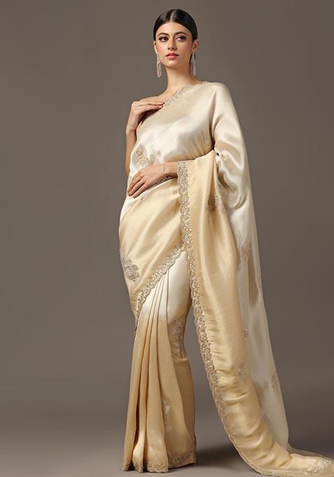 Golden Cutdana Swarovski Sequin Embroidered Tissue Saree