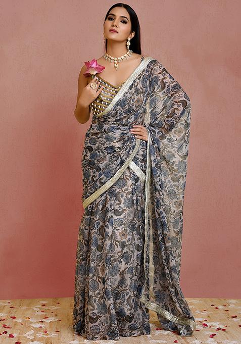 Beige And Blue Printed Georgette Saree Set