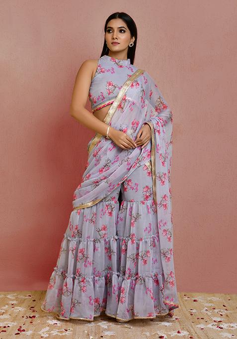 Grey Printed Chiffon Saree Set