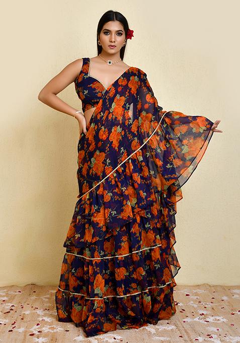 Dark Blue Printed Chiffon Saree Set