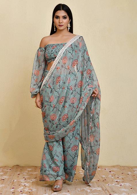 Blue Printed Georgette Saree Set