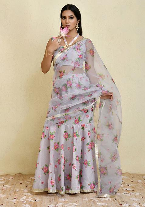 Grey Printed Chanderi Saree Set