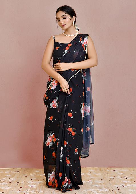 Black Printed Georgette Saree Set