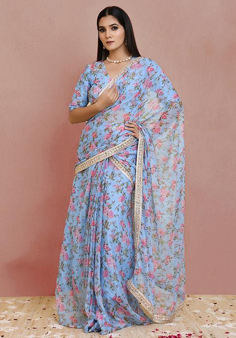 Light Blue Printed Georgette Saree Set