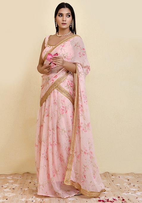 Pink Printed Georgette Saree Set