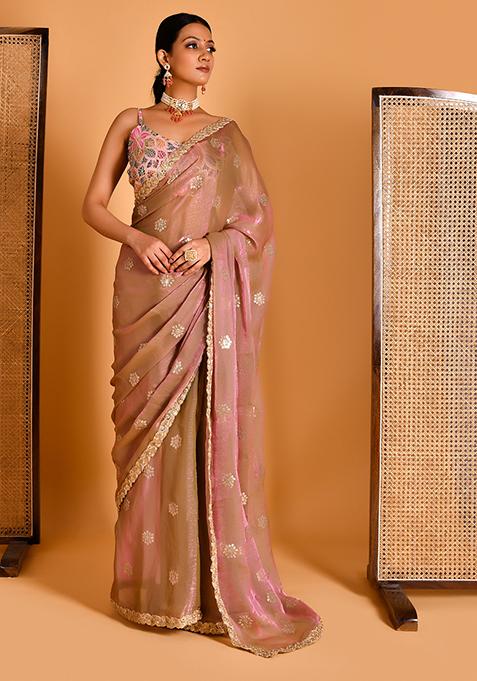 Pink Embroidered Tissue Organza Saree Set