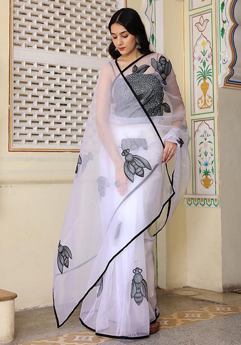 White Hand Painted Organza Saree