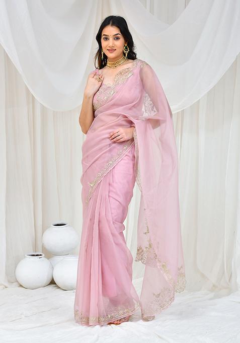 Rose Golden Embroidered Organza Saree Set