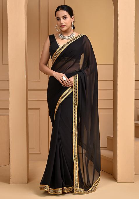 Black Printed Georgette Saree Set