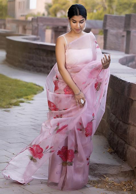 Pink Hand Painted Organza Saree Set