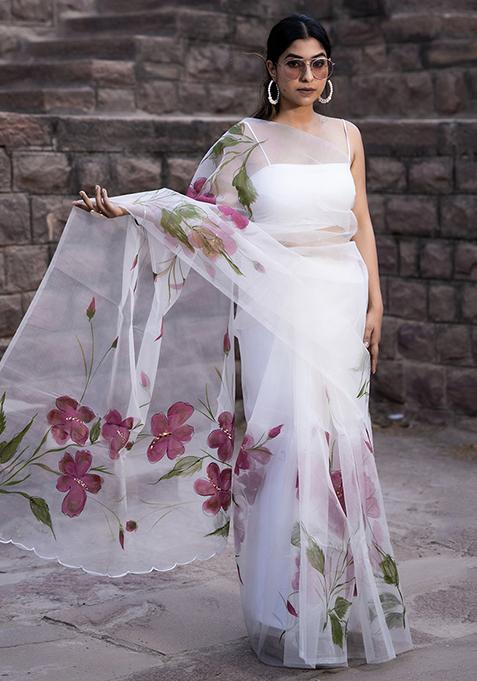 White Hand Painted Silk Organza Saree Set