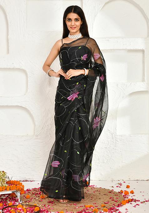 Black Hand Painted Organza Saree Set